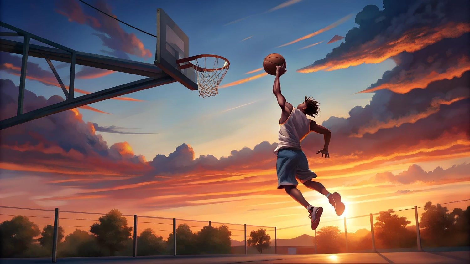 Elevated Basketball Throw Captured Against Dramatic Cloudy Sky