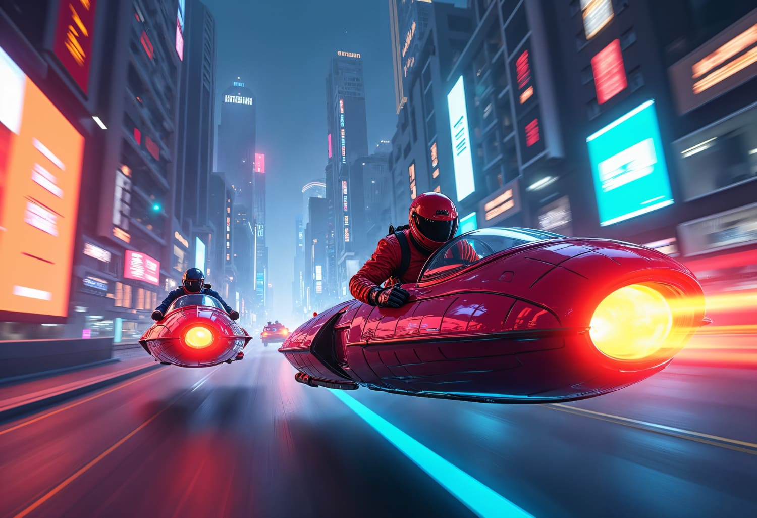 Racing Hoverbikes Through Neon Streets of Futuristic City